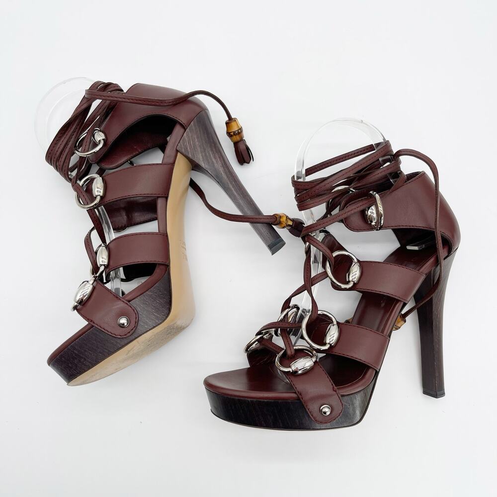 Gucci SS2007 Runway Cage Strappy Platform Lace Up Spice Brown Sandals US 7.5 - Picture 7 of 15